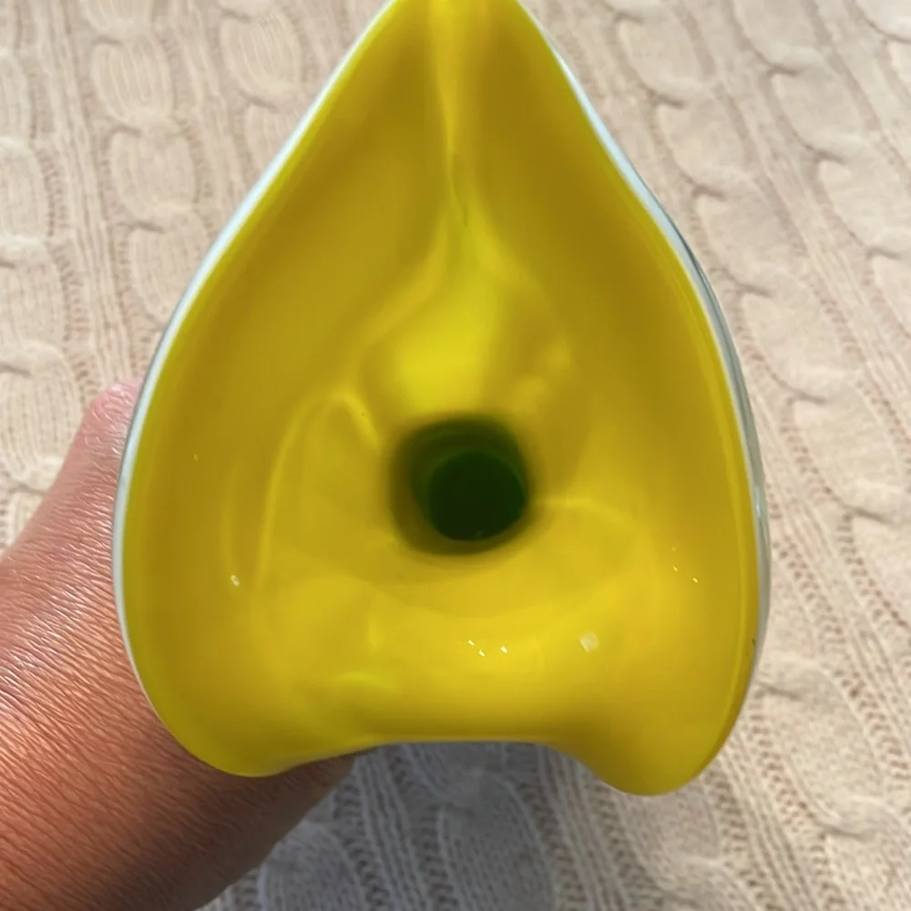 Art Glass Hand Blown Calla Lily/Tulip, Yellow/Teal/Glass Jack in the Pulpit Vase
